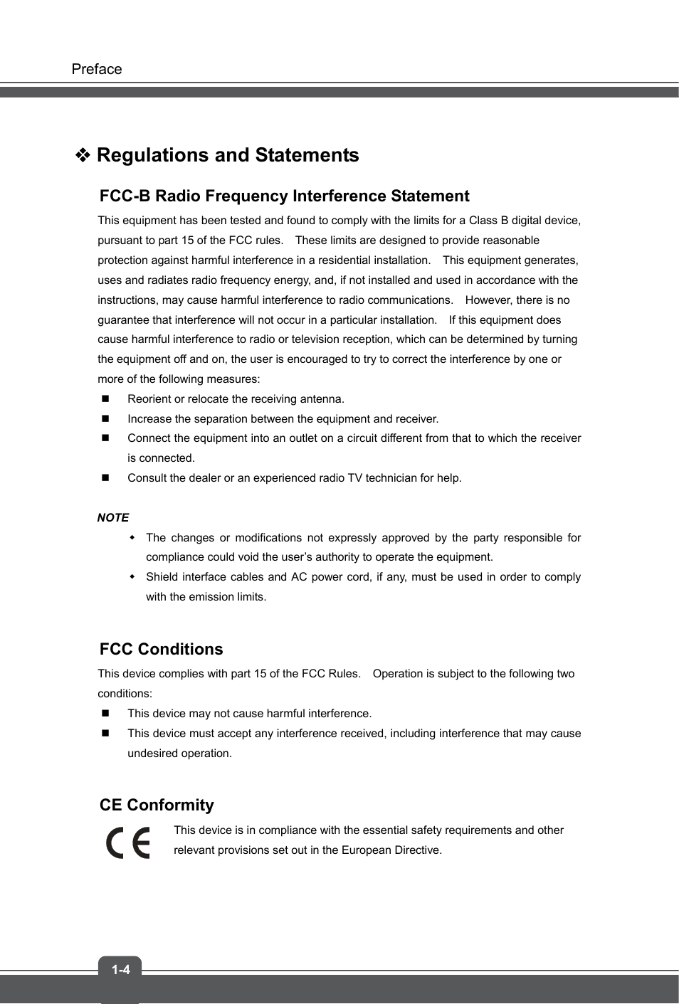 Regulations and statements, Fcc-b radio frequency interference statement, Fcc conditions | Ce conformity | MSI GS60 GHOST User Manual | Page 4 / 42