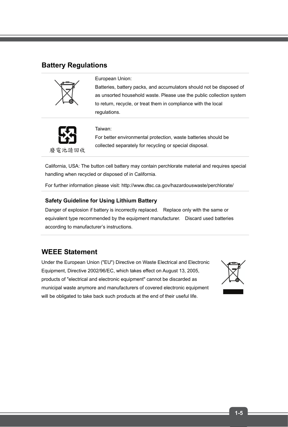 Battery regulations, Weee statement | MSI GS60 GHOST User Manual | Page 5 / 42