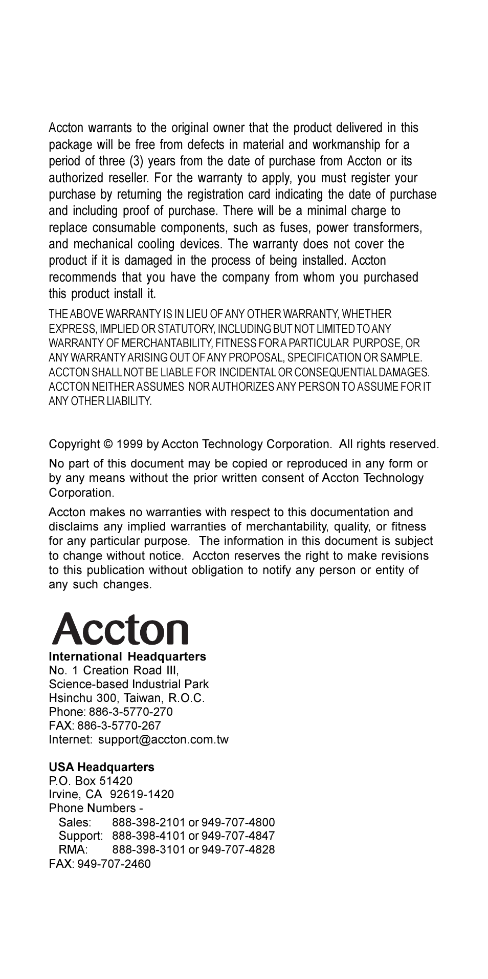 Warranty, Copyright, 10 usb hub | Accton Technology USB204A User Manual | Page 10 / 10