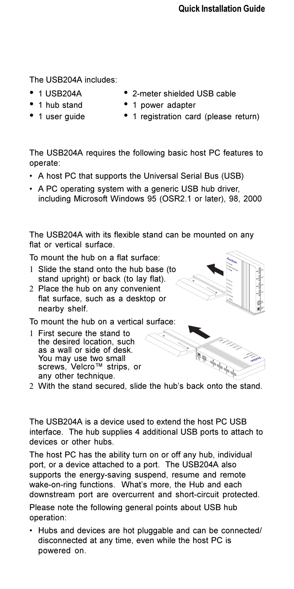 Check the package, System requirements, Mount the hub | Hub operation | Accton Technology USB204A User Manual | Page 3 / 10