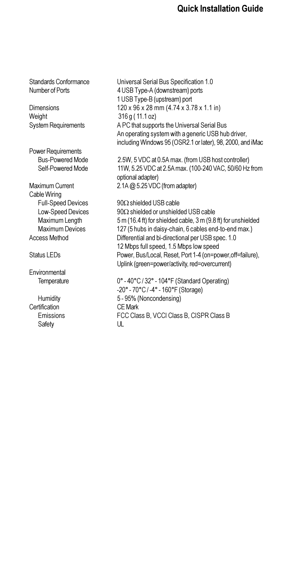 Product specifications, 9quick installation guide product specifications | Accton Technology USB204A User Manual | Page 9 / 10