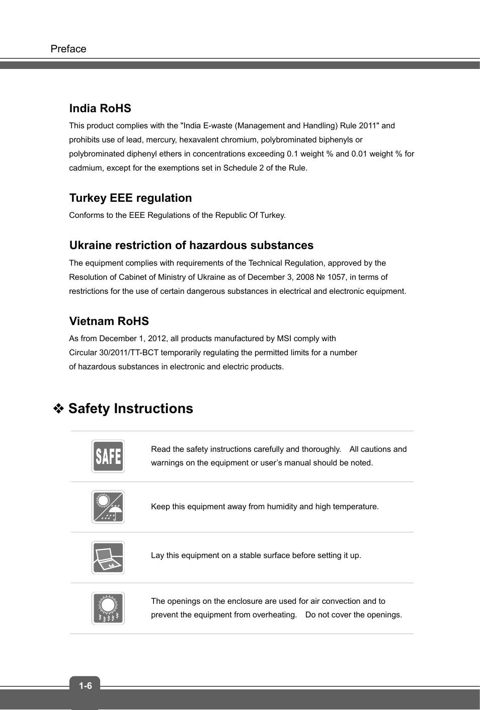 Safety instructions, India rohs, Turkey eee regulation | Ukraine restriction of hazardous substances, Vietnam rohs | MSI GS70 STEALTH PRO (GTX 970M) User Manual | Page 6 / 44