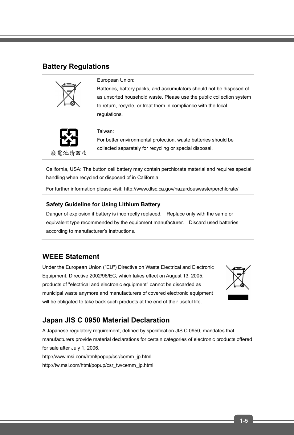 Battery regulations, Weee statement, Japan jis c 0950 material declaration | MSI GS60 GHOST PRO (GTX 970M) User Manual | Page 5 / 42