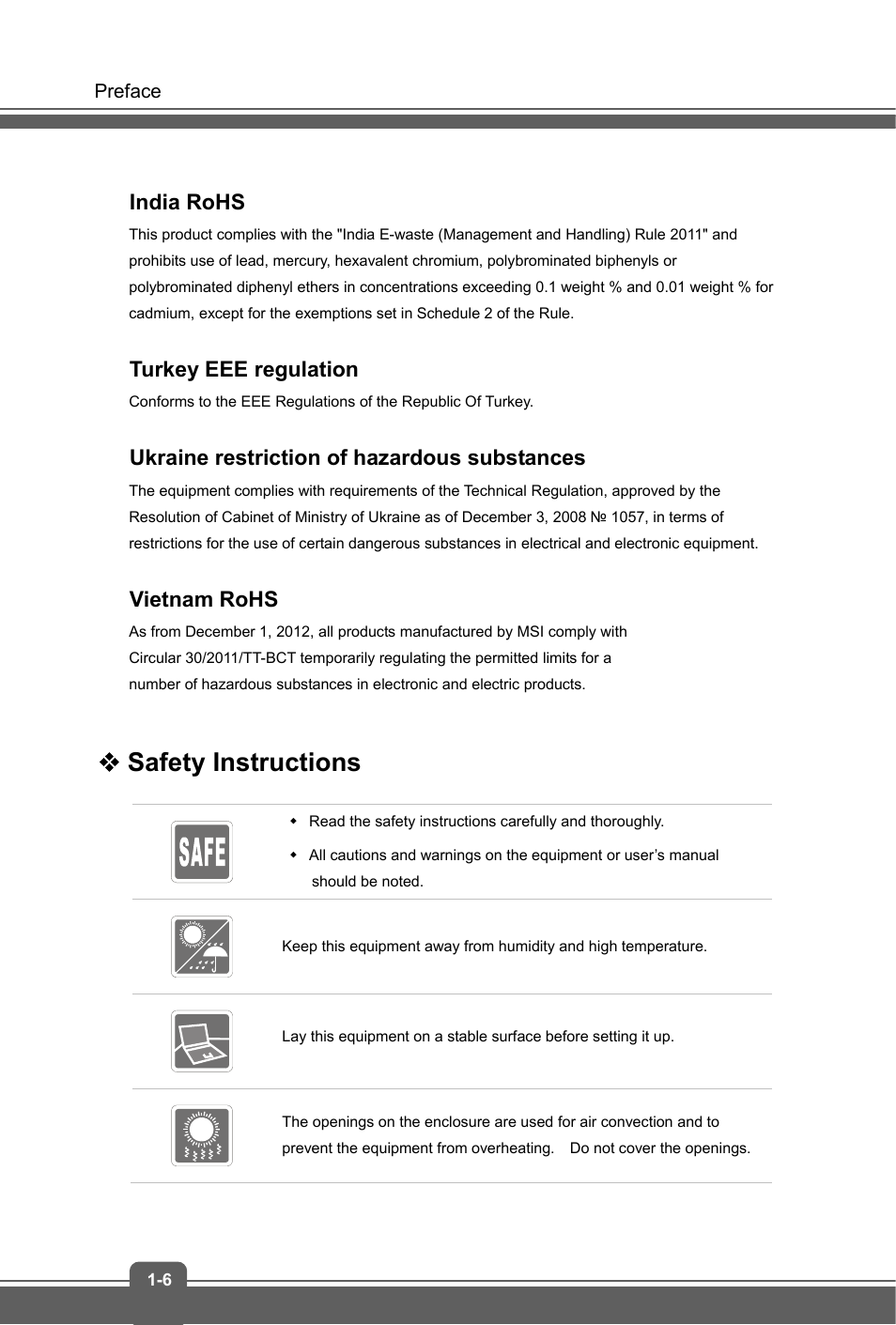 Safety instructions, India rohs, Turkey eee regulation | Ukraine restriction of hazardous substances, Vietnam rohs | MSI GS60 GHOST PRO (GTX 970M) User Manual | Page 6 / 42