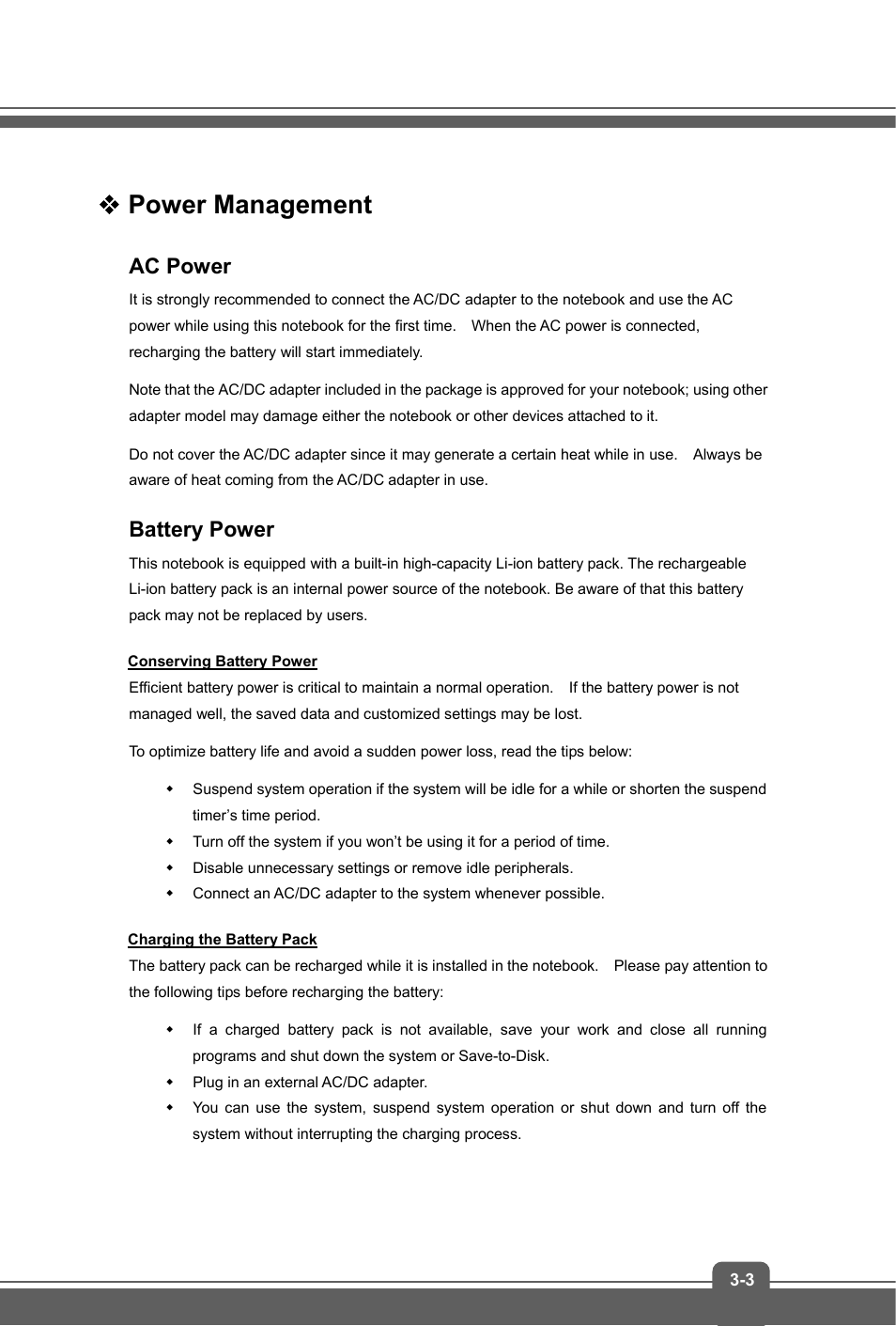 Power management, Ac power, Battery power | MSI GS70 STEALTH PRO User Manual | Page 27 / 44