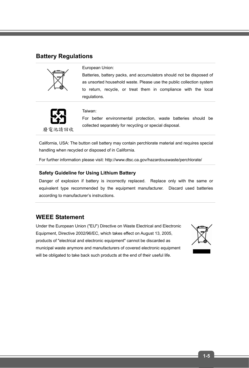 Battery regulations, Weee statement | MSI GS70 STEALTH PRO User Manual | Page 5 / 44