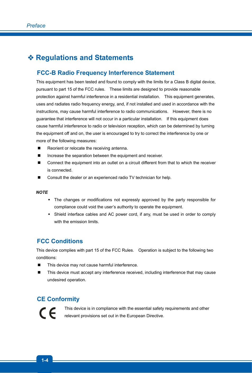 Regulations and statements, Fcc-b radio frequency interference statement, Fcc conditions | Ce conformity | MSI GS70 STEALTH User Manual | Page 4 / 42