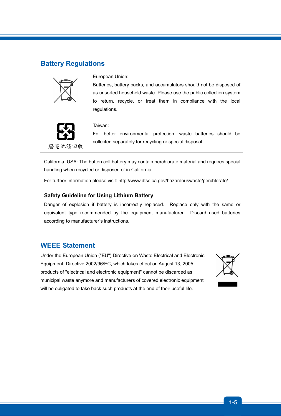 Battery regulations, Weee statement | MSI GS70 STEALTH User Manual | Page 5 / 42