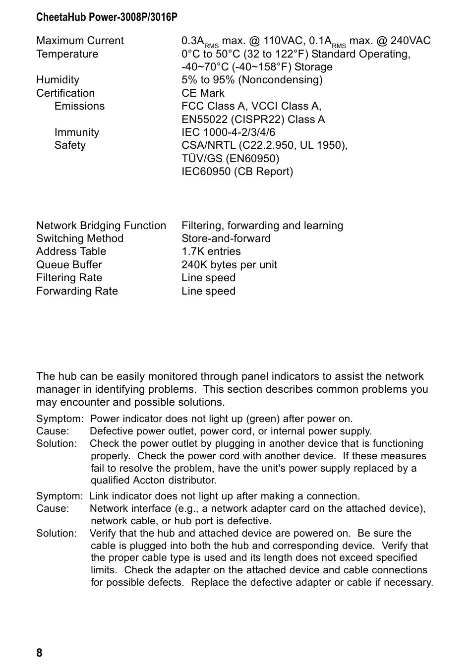 Troubleshooting, Internal switching criteria, Diagnosing hub indicators | Accton Technology CHEETA 3016P User Manual | Page 13 / 19