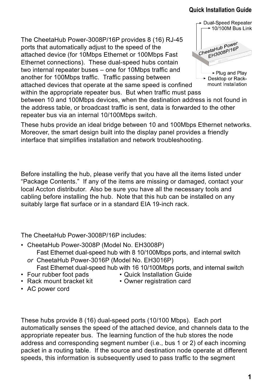 Introduction, Installing the hub | Accton Technology CHEETA 3016P User Manual | Page 6 / 19