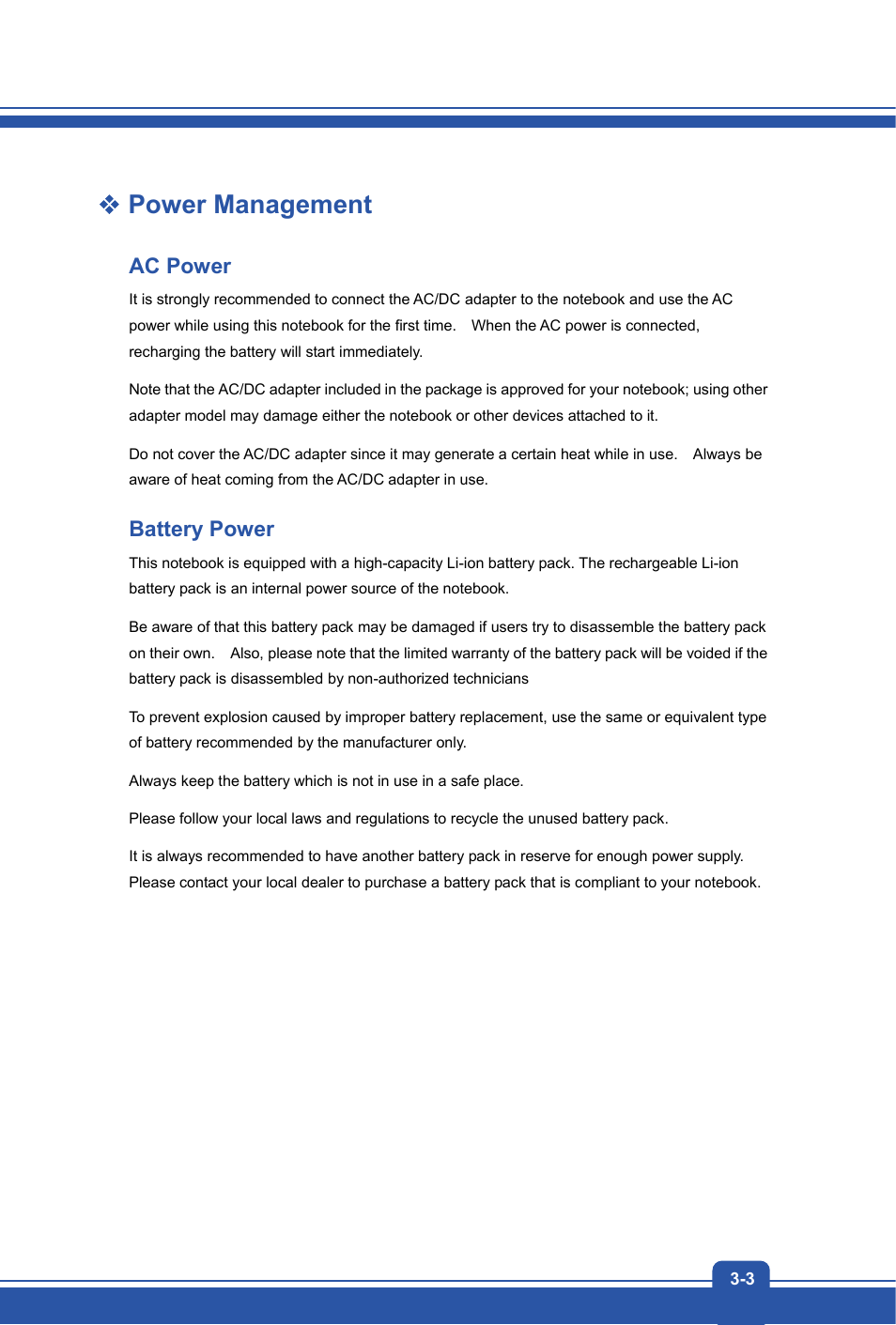 Power management, Ac power, Battery power | MSI GX70 DESTROYER User Manual | Page 29 / 50