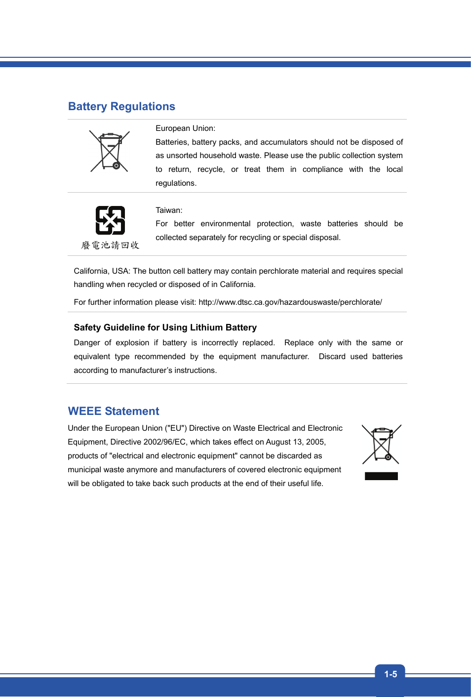 Battery regulations, Weee statement | MSI GX70 DESTROYER User Manual | Page 5 / 50