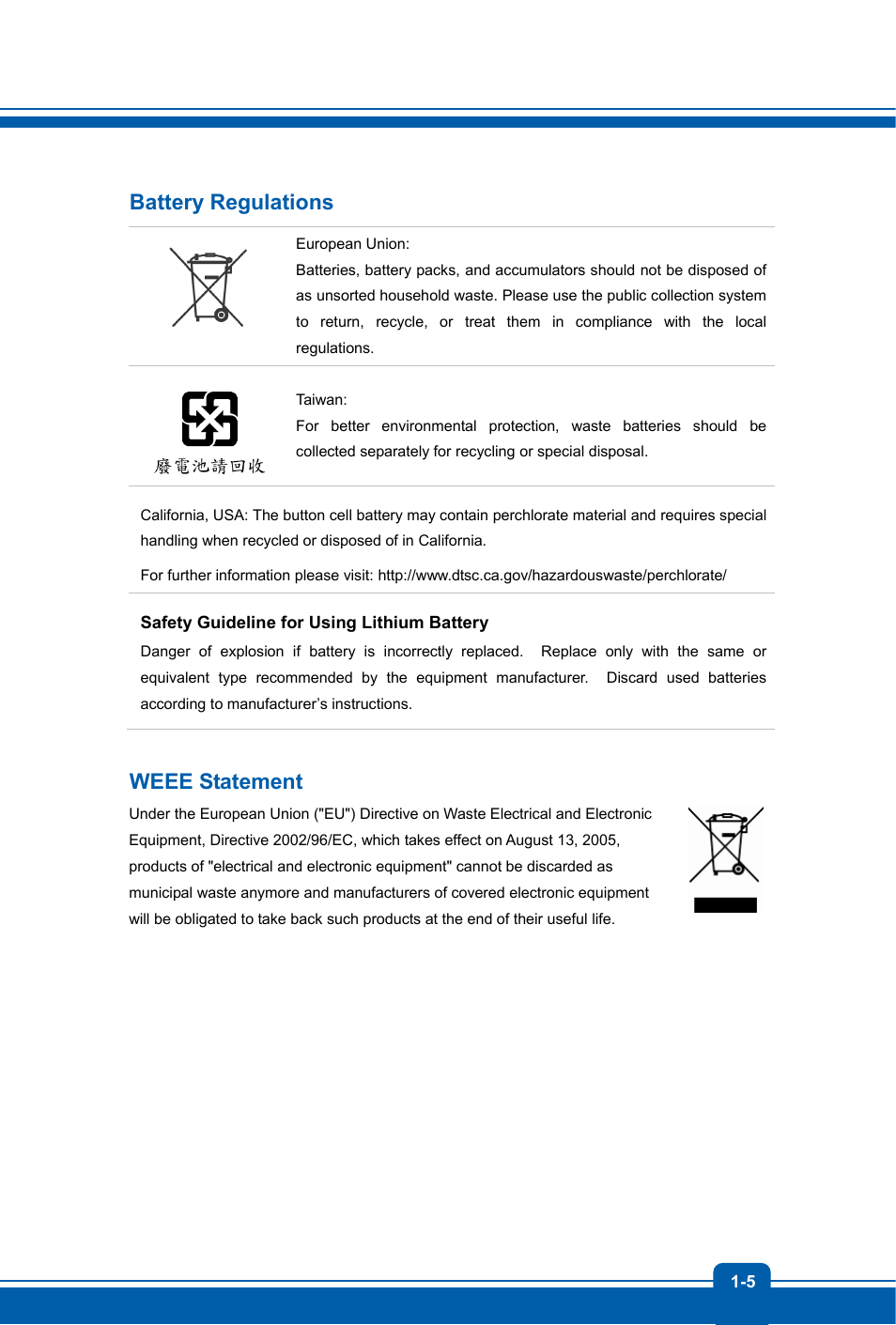 Battery regulations, Weee statement | MSI GX60 DESTROYER User Manual | Page 5 / 48