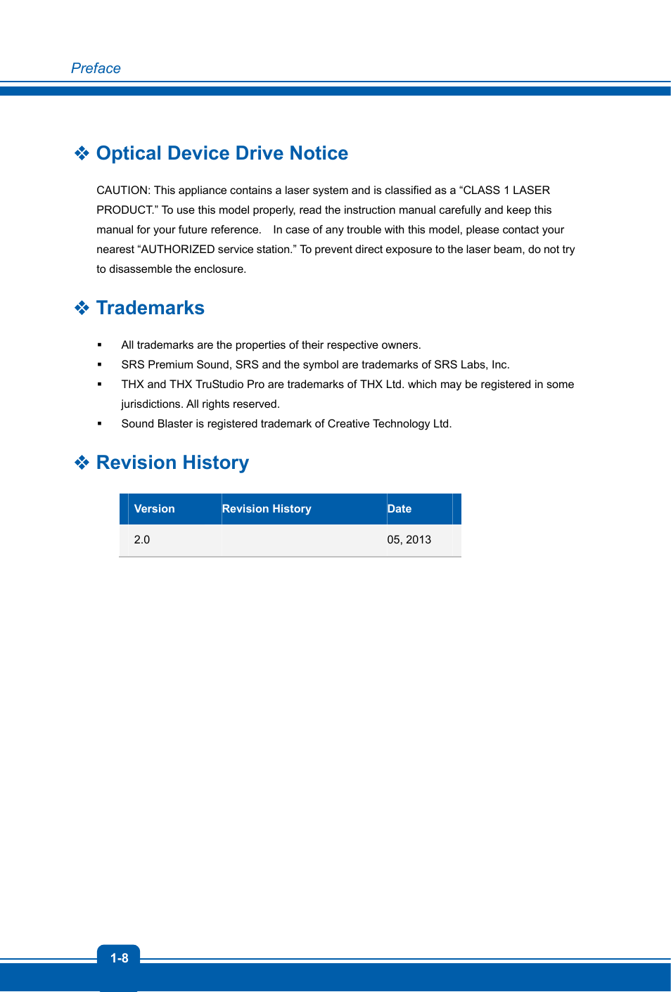 Optical device drive notice, Trademarks, Revision history | MSI GX60 DESTROYER User Manual | Page 8 / 48