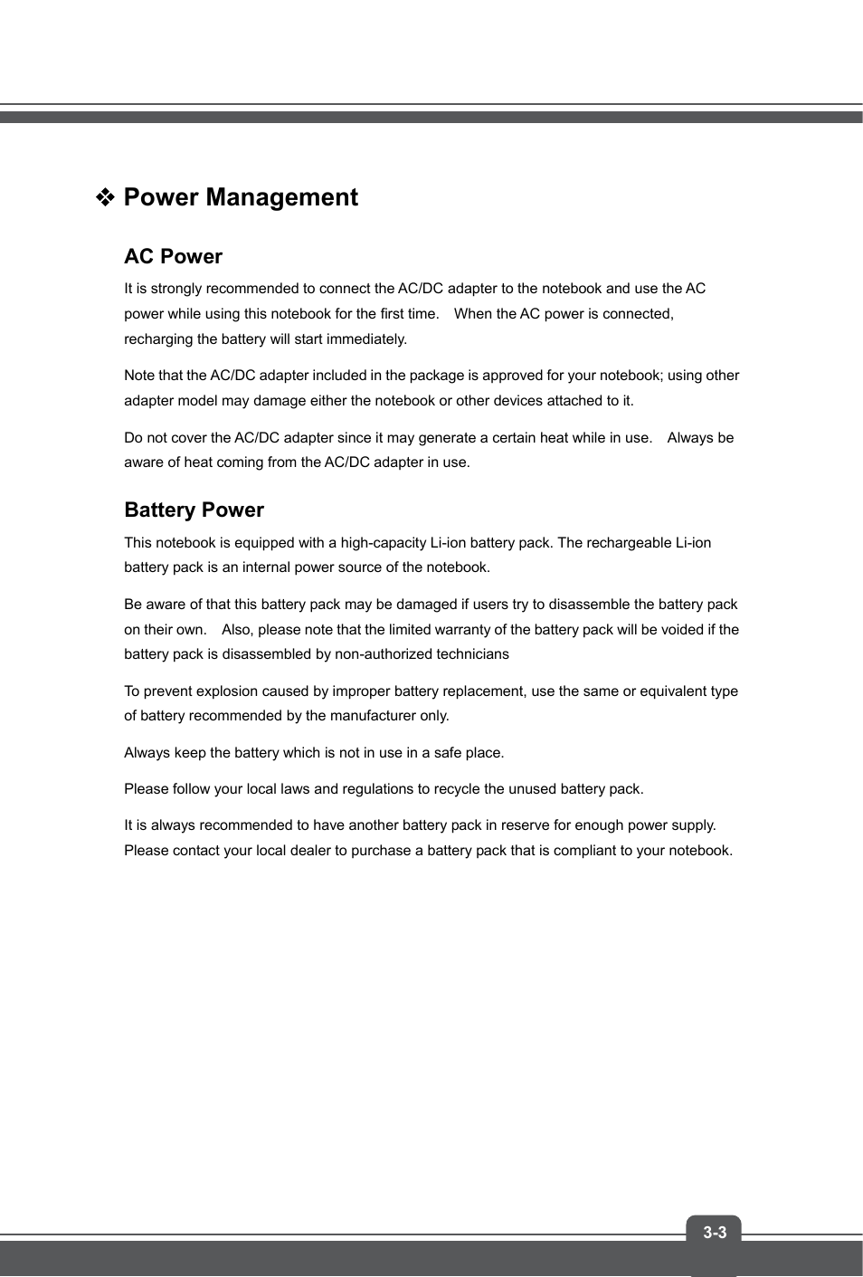 Power management, Ac power, Battery power | MSI GE70 APACHE PRO User Manual | Page 27 / 48