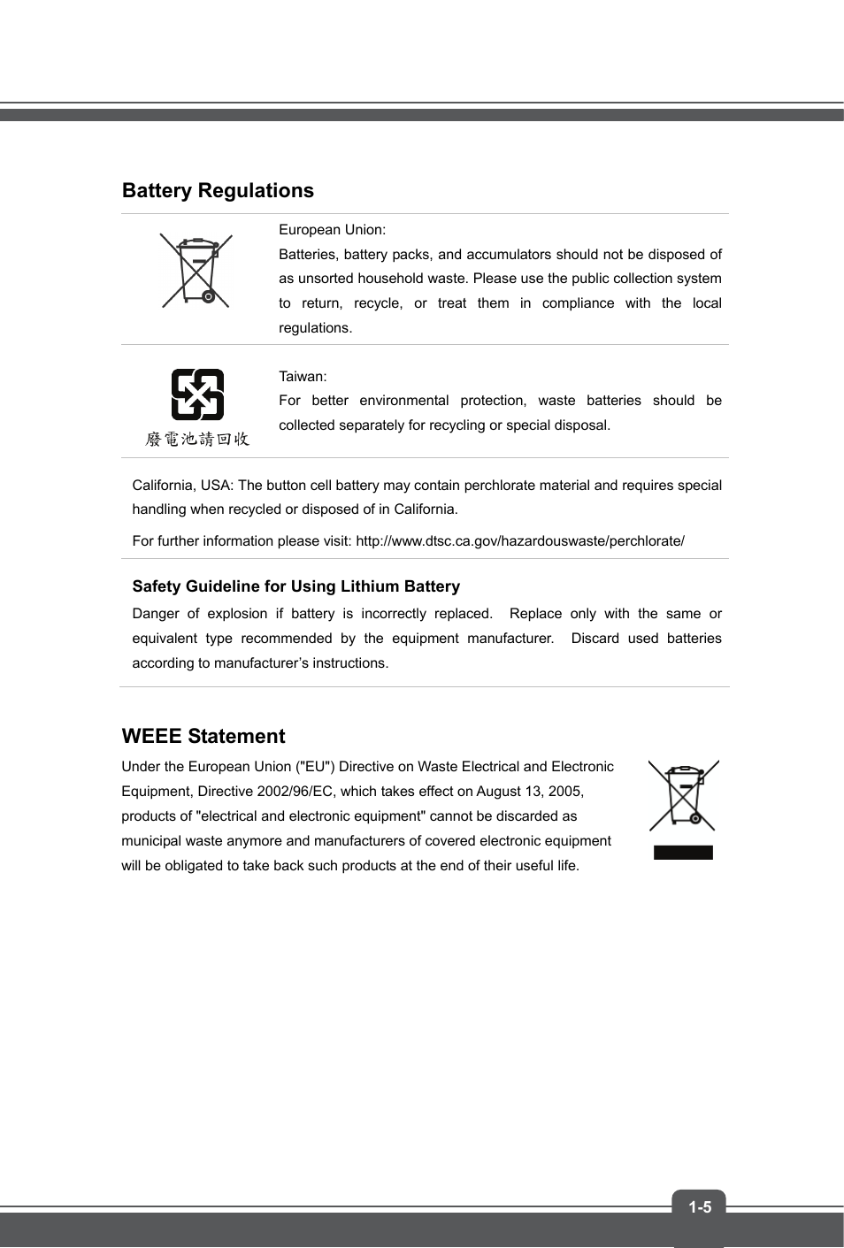 Battery regulations, Weee statement | MSI GE70 APACHE PRO User Manual | Page 5 / 48