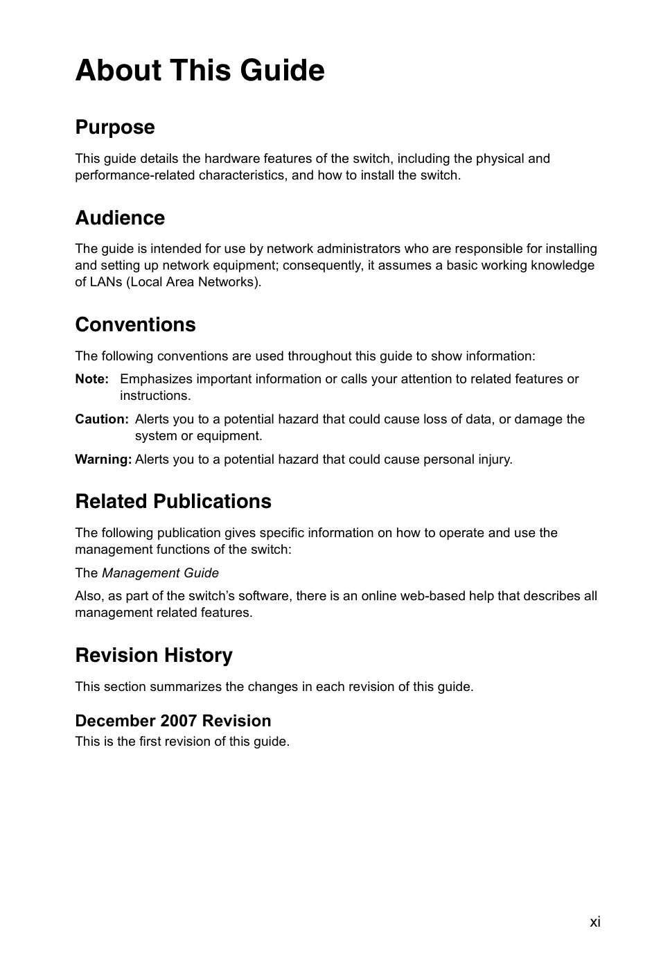 About this guide, Purpose, Audience | Conventions, Related publications, Revision history | Accton Technology ES4524M-POE User Manual | Page 11 / 60