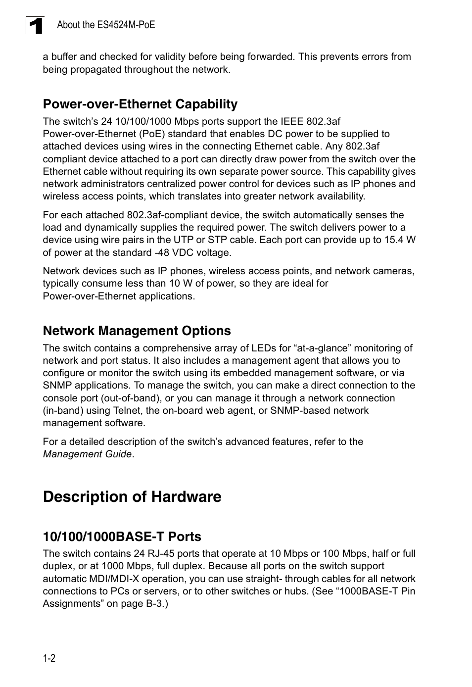 Power-over-ethernet capability, Network management options, Description of hardware | 10/100/1000base-t ports | Accton Technology ES4524M-POE User Manual | Page 20 / 60