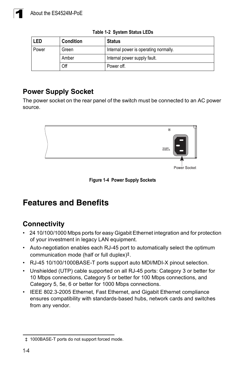 Power supply socket, Features and benefits, Connectivity | Connectivity 1-4, Table 1-2, System status leds, Figure 1-4, Power supply sockets | Accton Technology ES4524M-POE User Manual | Page 22 / 60