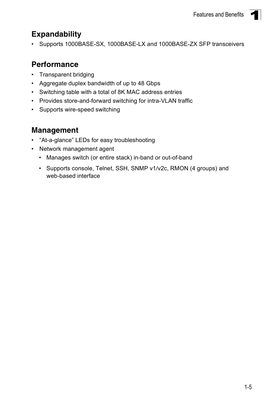 Expandability, Performance, Management | Expandability 1-5 performance 1-5 management 1-5 | Accton Technology ES4524M-POE User Manual | Page 23 / 60