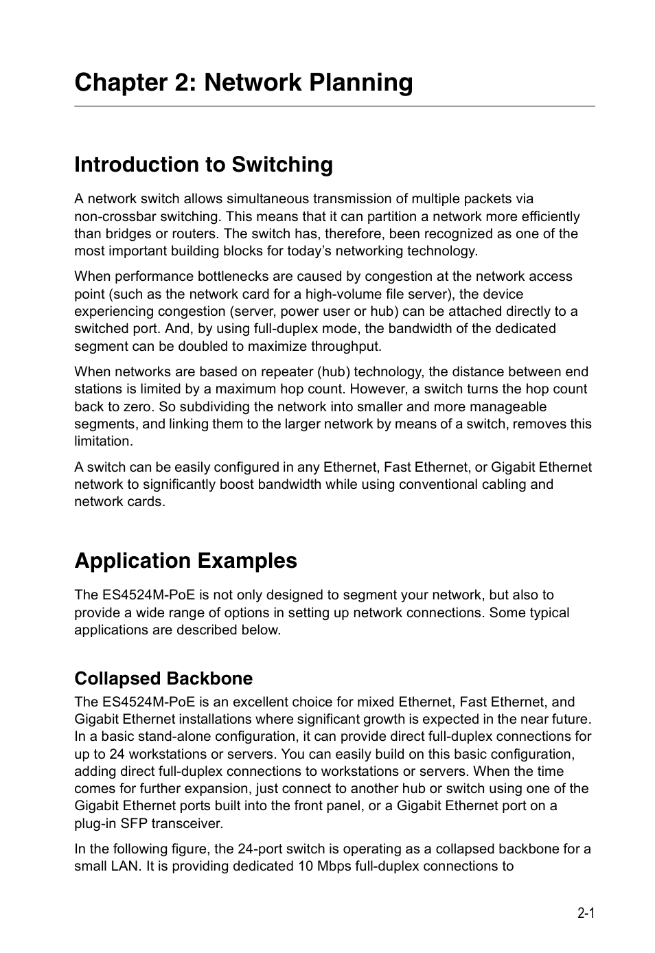 Chapter 2: network planning, Introduction to switching, Application examples | Collapsed backbone | Accton Technology ES4524M-POE User Manual | Page 25 / 60