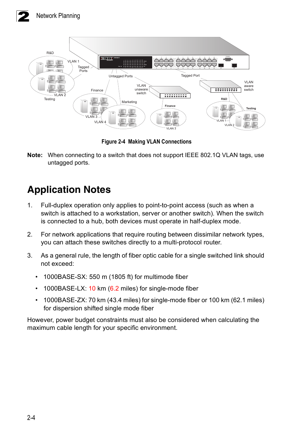 Application notes, Figure 2-4, Making vlan connections | Network planning 2-4 | Accton Technology ES4524M-POE User Manual | Page 28 / 60