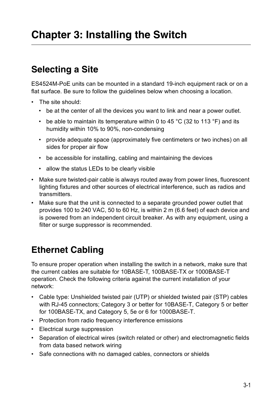 Chapter 3: installing the switch, Selecting a site, Ethernet cabling | Accton Technology ES4524M-POE User Manual | Page 29 / 60