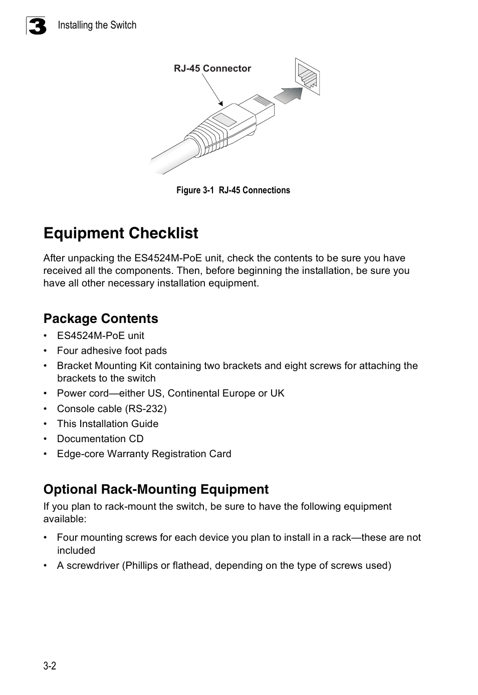 Equipment checklist, Package contents, Optional rack-mounting equipment | Figure 3-1, Rj-45 connections | Accton Technology ES4524M-POE User Manual | Page 30 / 60