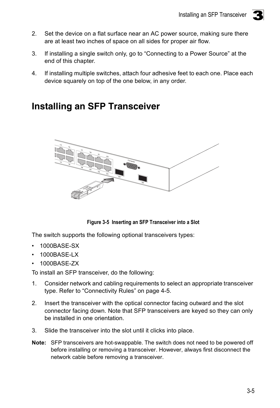 Installing an sfp transceiver, Figure 3-5, Inserting an sfp transceiver into a slot | Accton Technology ES4524M-POE User Manual | Page 33 / 60