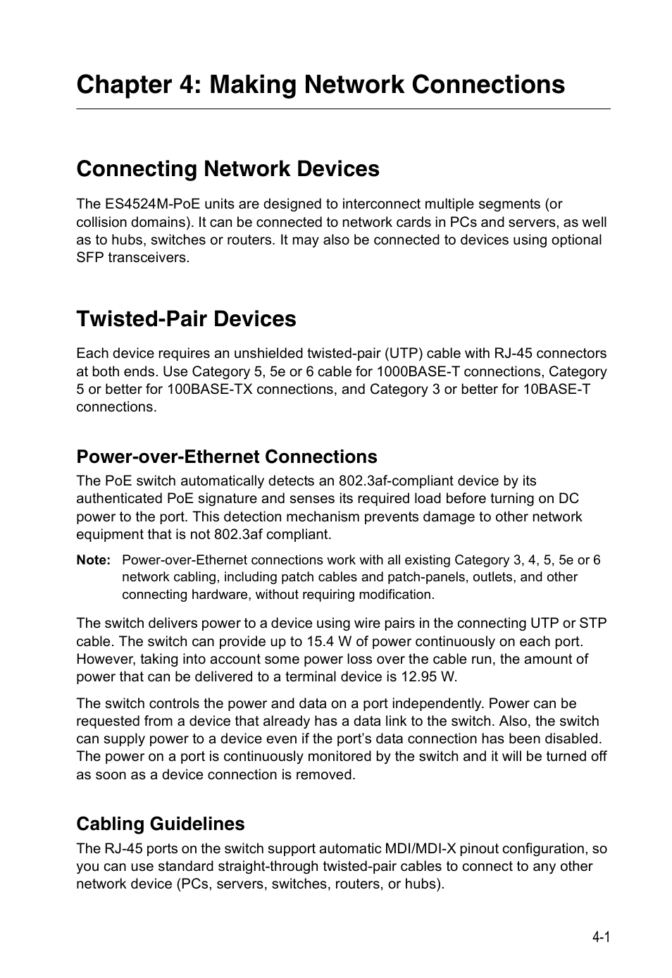 Chapter 4: making network connections, Connecting network devices, Twisted-pair devices | Power-over-ethernet connections, Cabling guidelines | Accton Technology ES4524M-POE User Manual | Page 37 / 60