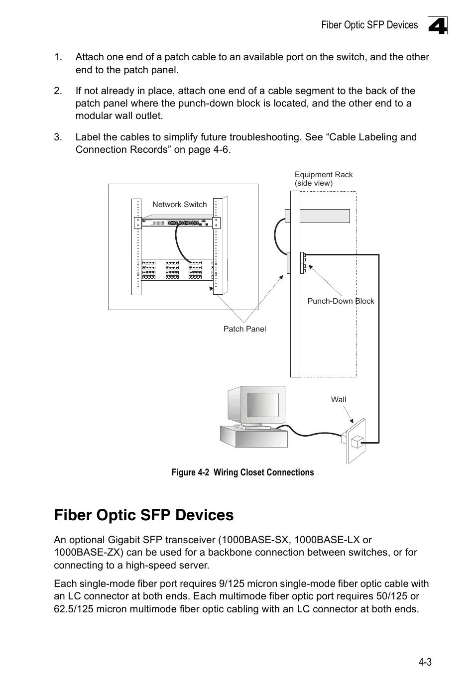 Fiber optic sfp devices, Figure 4-2, Wiring closet connections | Accton Technology ES4524M-POE User Manual | Page 39 / 60