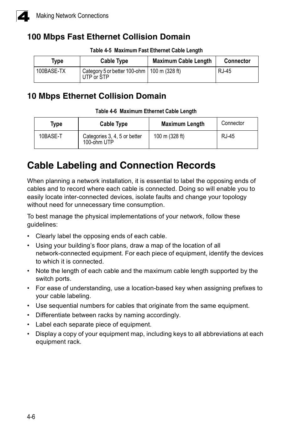 100 mbps fast ethernet collision domain, 10 mbps ethernet collision domain, Cable labeling and connection records | Table 4-5, Maximum fast ethernet cable length, Table 4-6, Maximum ethernet cable length | Accton Technology ES4524M-POE User Manual | Page 42 / 60