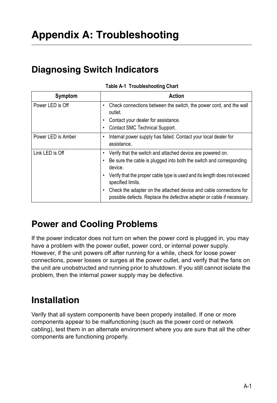 Appendix a: troubleshooting, Diagnosing switch indicators, Power and cooling problems | Installation, Installation a-1, Table a-1, Troubleshooting chart | Accton Technology ES4524M-POE User Manual | Page 43 / 60