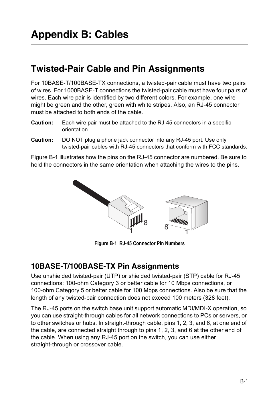 Appendix b: cables, Twisted-pair cable and pin assignments, 10base-t/100base-tx pin assignments | Figure b-1, Rj-45 connector pin numbers | Accton Technology ES4524M-POE User Manual | Page 45 / 60