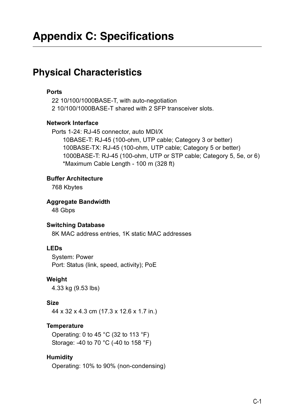 Appendix c: specifications, Physical characteristics | Accton Technology ES4524M-POE User Manual | Page 49 / 60