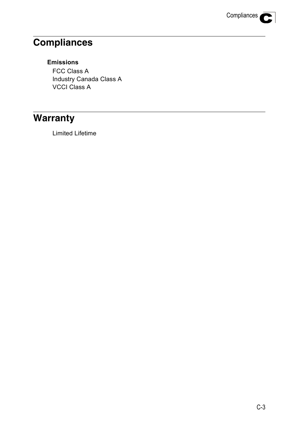 Compliances, Warranty, Compliances c-3 warranty c-3 | Accton Technology ES4524M-POE User Manual | Page 51 / 60