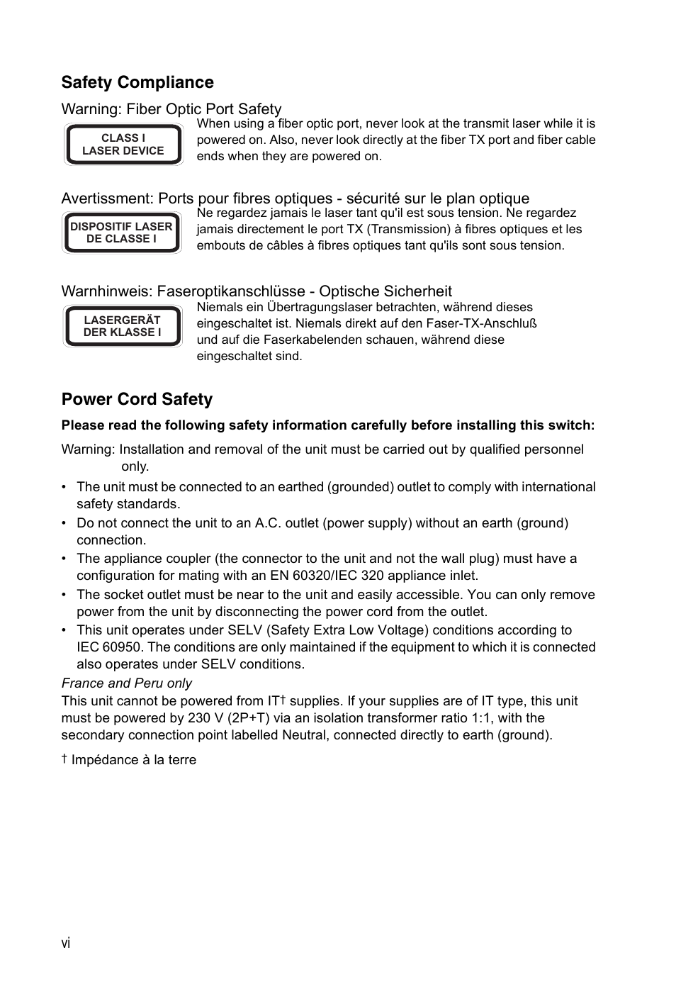 Safety compliance, Power cord safety | Accton Technology ES4524M-POE User Manual | Page 6 / 60