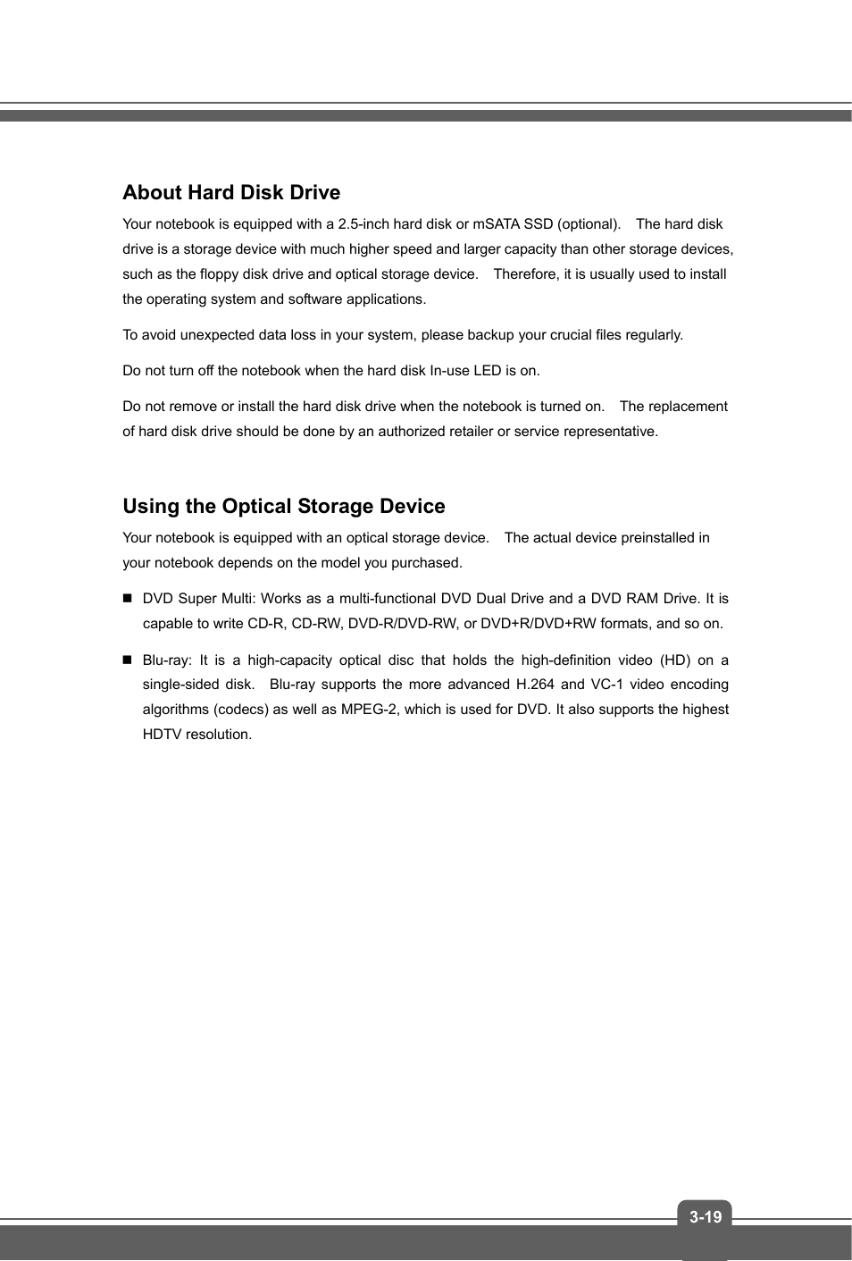 About hard disk drive, Using the optical storage device | MSI GE60 APACHE User Manual | Page 43 / 48