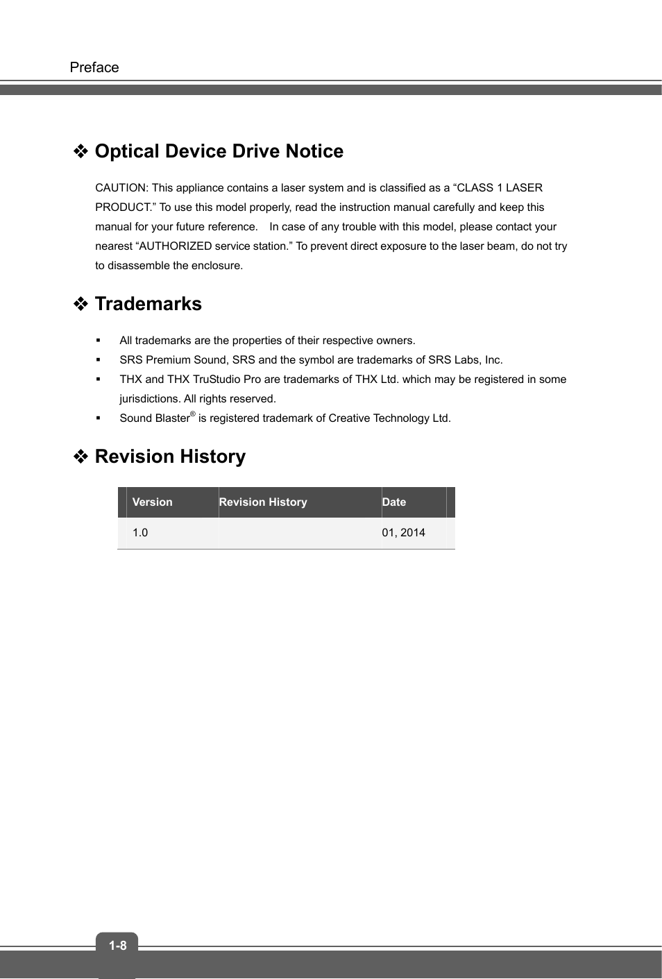 Optical device drive notice, Trademarks, Revision history | MSI GE60 APACHE User Manual | Page 8 / 48