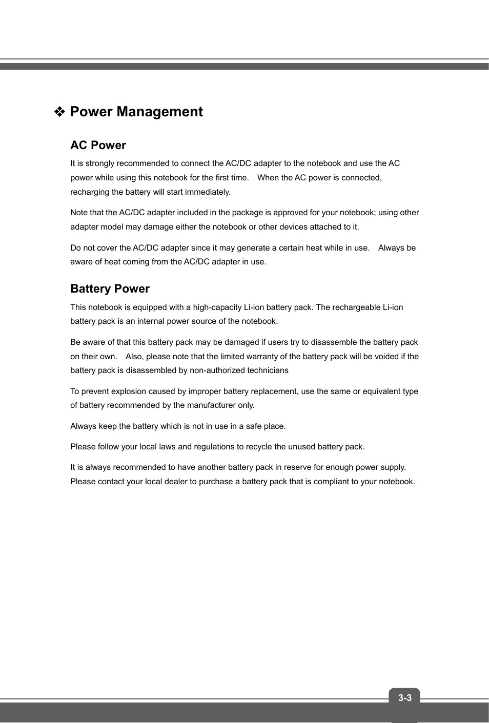 Power management, Ac power, Battery power | MSI GP70 LEOPARD User Manual | Page 27 / 48