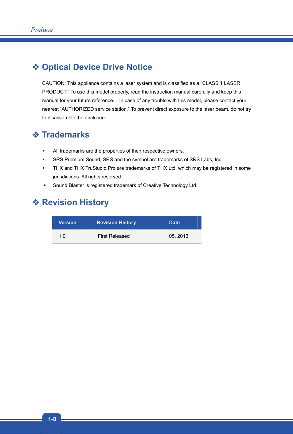 Optical device drive notice, Trademarks, Revision history | MSI CX61 2PC User Manual | Page 8 / 48