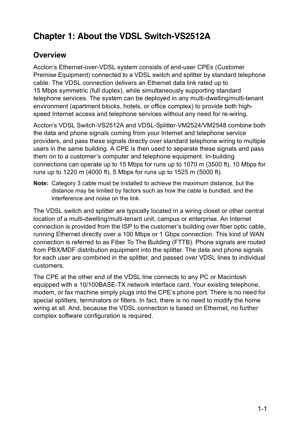 Chapter 1: about the vdsl switch-vs2512a, Overview, Overview 1-1 | Accton Technology VM2548 User Manual | Page 13 / 72