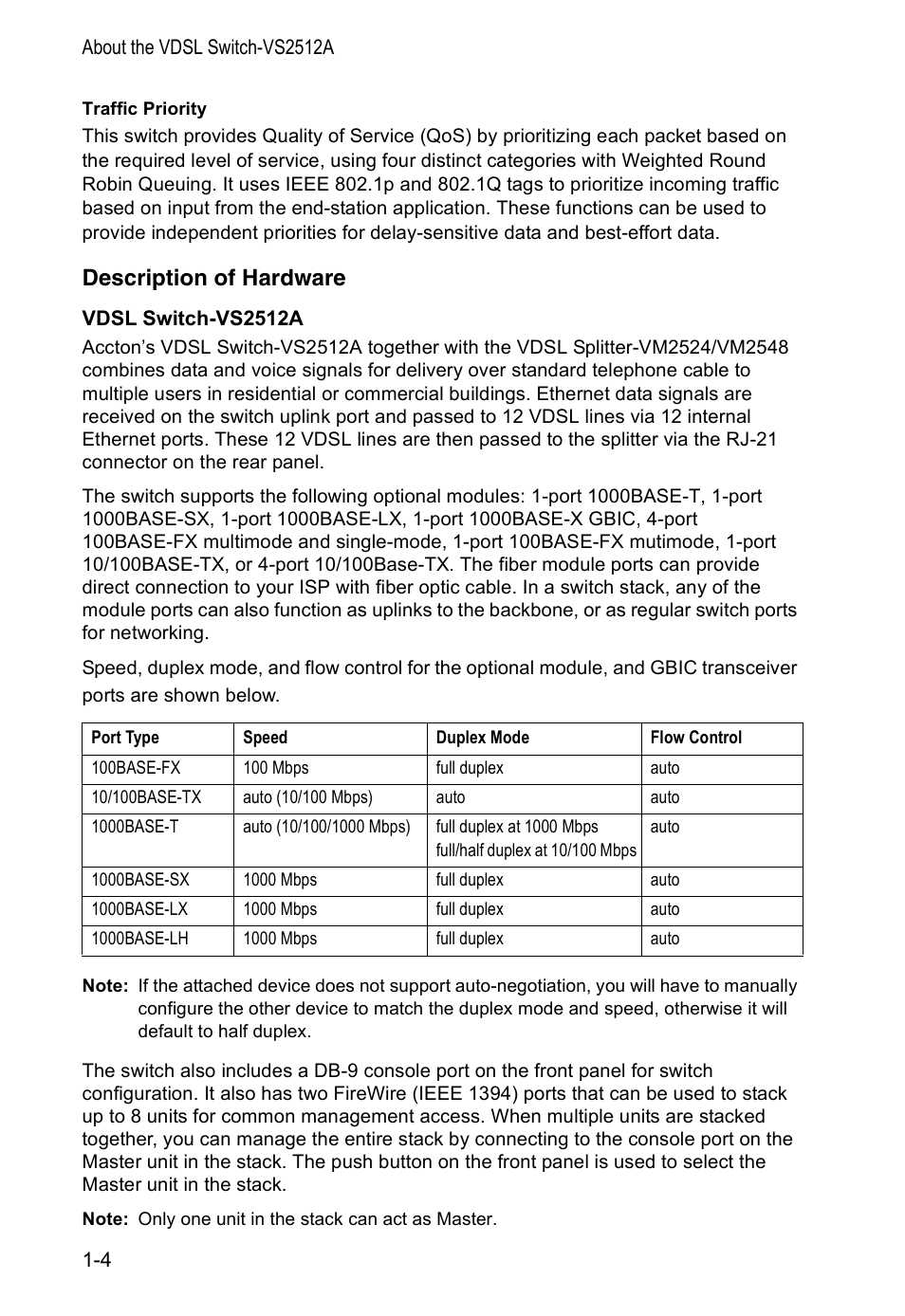 Description of hardware, Vdsl switch-vs2512a | Accton Technology VM2548 User Manual | Page 16 / 72