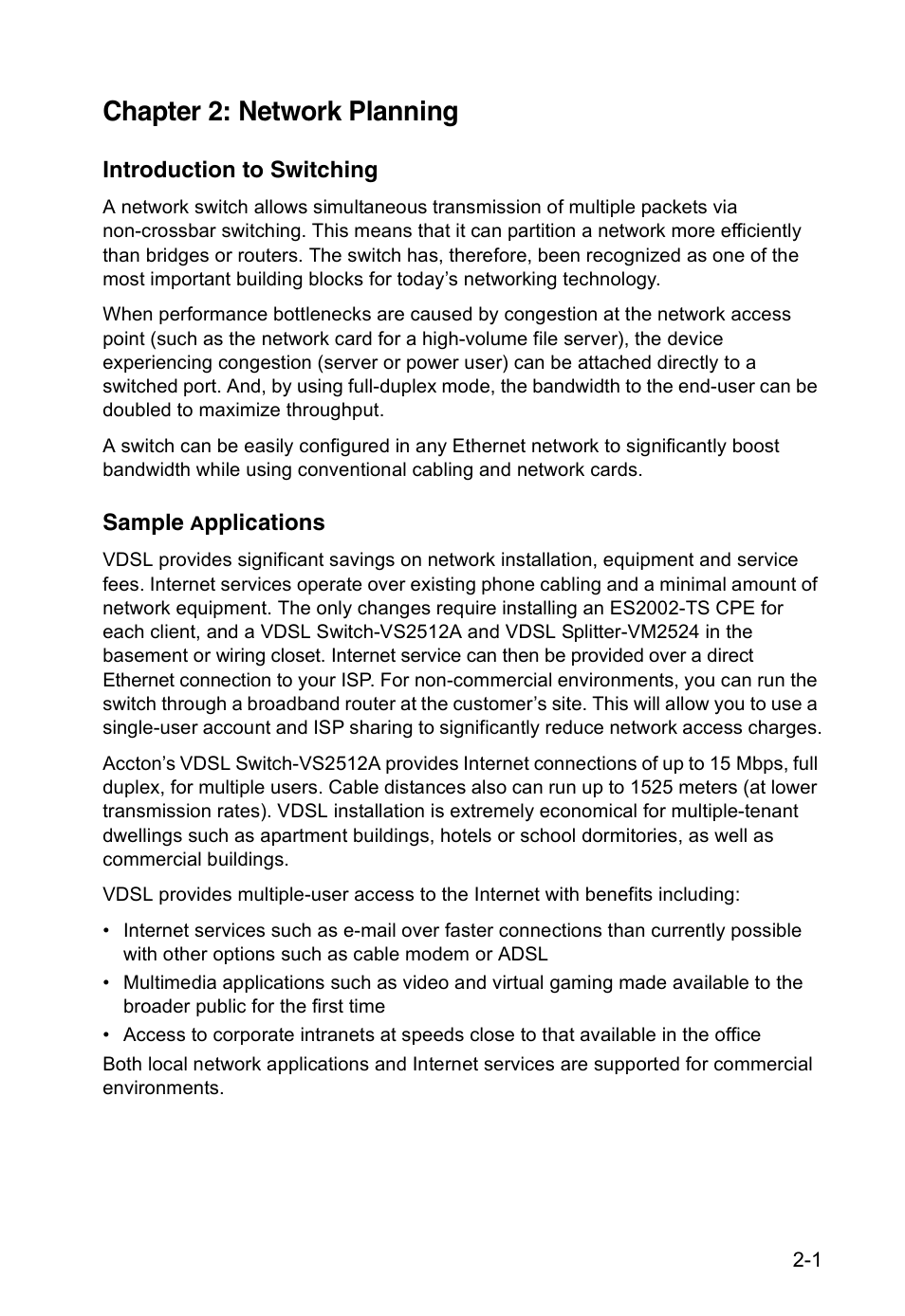 Chapter 2: network planning, Introduction to switching, Sample applications | Accton Technology VM2548 User Manual | Page 27 / 72