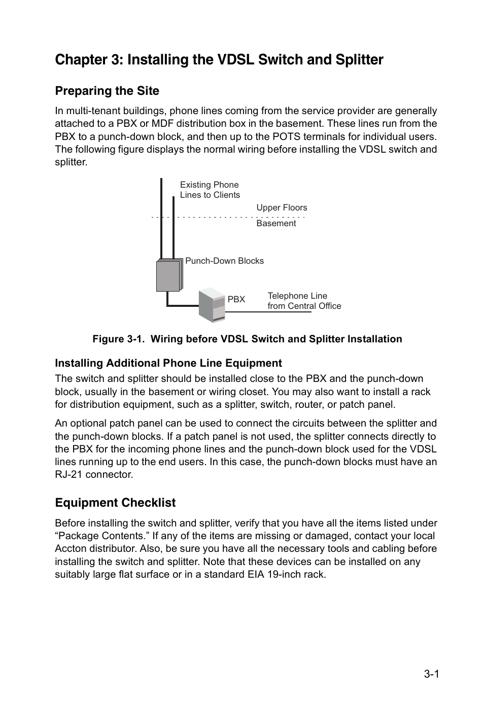 Chapter 3: installing the vdsl switch and splitter, Preparing the site, Installing additional phone line equipment | Equipment checklist | Accton Technology VM2548 User Manual | Page 31 / 72