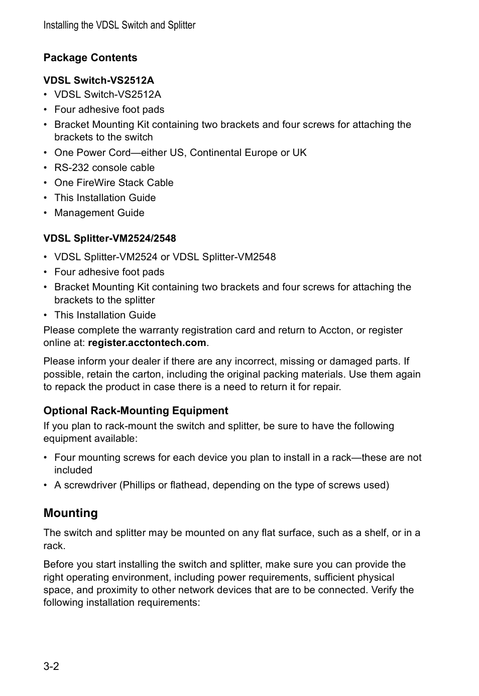 Package contents, Vdsl switch-vs2512a, Optional rack-mounting equipment | Mounting, Mounting 3-2 | Accton Technology VM2548 User Manual | Page 32 / 72