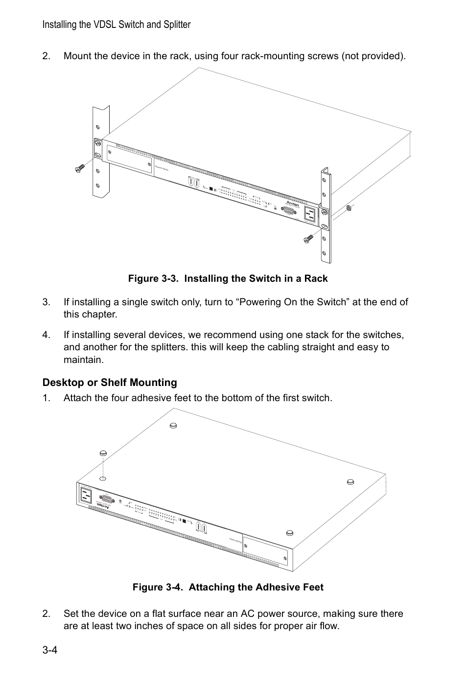 Desktop or shelf mounting, Installing the vdsl switch and splitter 3-4 | Accton Technology VM2548 User Manual | Page 34 / 72
