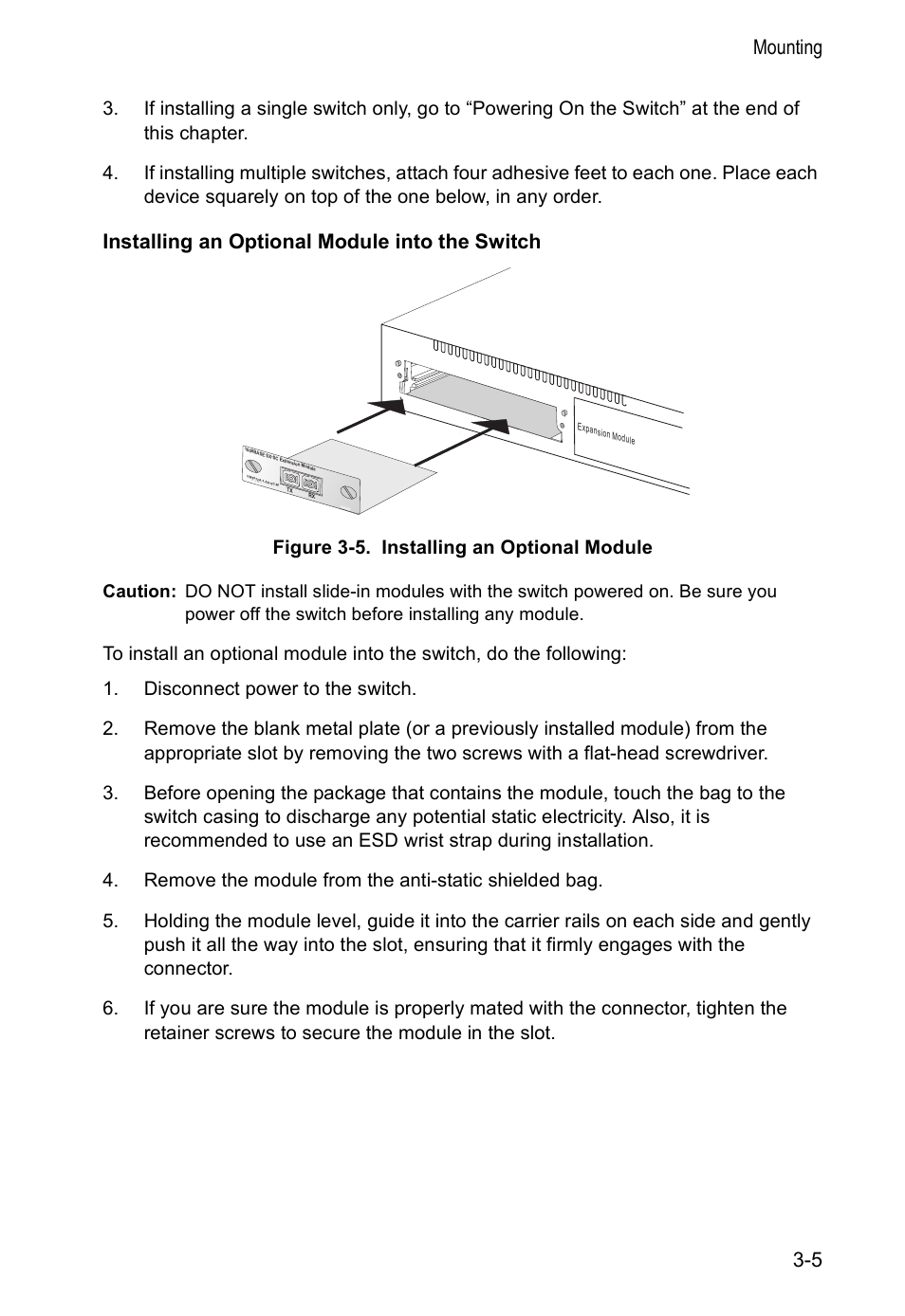 Installing an optional module into the switch, Mounting 3-5, Figure 3-5. installing an optional module | Accton Technology VM2548 User Manual | Page 35 / 72