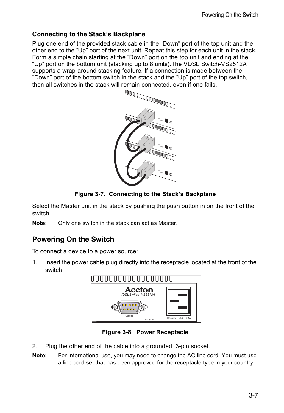 Connecting to the stack’s backplane, Powering on the switch | Accton Technology VM2548 User Manual | Page 37 / 72