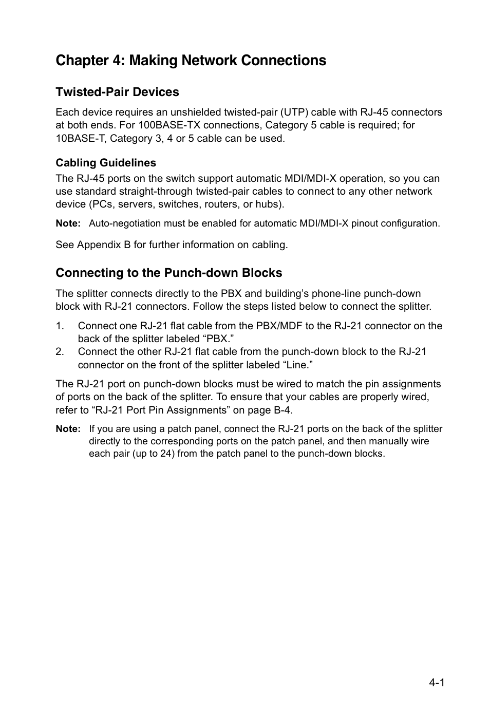 Chapter 4: making network connections, Twisted-pair devices, Cabling guidelines | Connecting to the punch-down blocks | Accton Technology VM2548 User Manual | Page 39 / 72